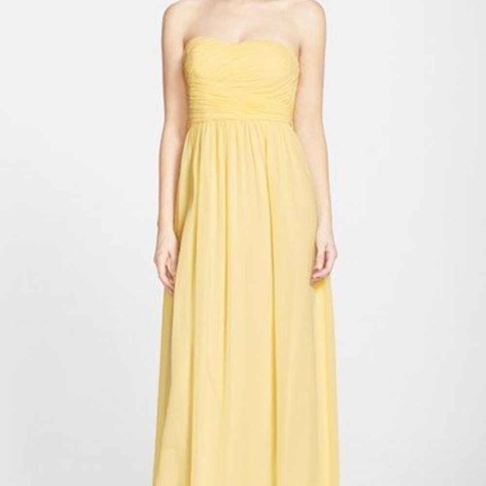 Donna Morgan strapless yellow chiffon bridesmaid gown, size 2 tailored for 5'3-4